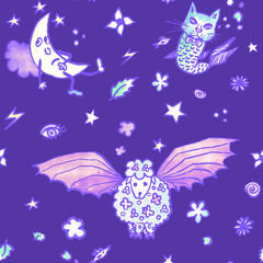 Blue fantasy creatures on a dark violet background. Fish-cat, sheep-bat and sad moon in a seamless pattern for children's design.