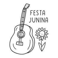 Outline vector illustration with inscription - Festa Junina. Hand drawn graphic design on white background. 