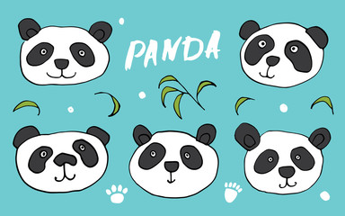 Cute Panda bear Doodles Set. Cute Animals sketch. Hand drawn Cartoon Vector illustration