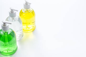 Coronavirus prevention - disifecting gel - on white desk copy space