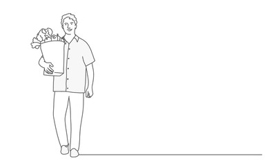 Man holding paper bag with organic fresh food. Line drawing vector illustration.