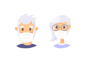 Set of African American elderly male and female characters. Cartoon masked people. Isolated retiree avatars. Flat illustration protected old men and women faces. Hand drawn vector drawing safe granny 