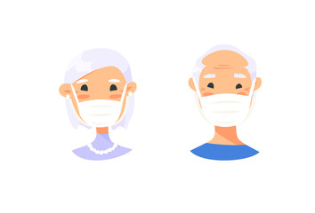 Set of elderly male and female characters. Cartoon masked people. Isolated retiree avatars. Flat illustration protected old men and women faces. Hand drawn vector drawing safe granny portraits