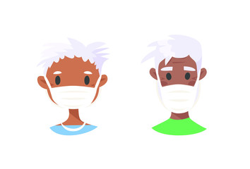 Set of elderly male and female characters. Cartoon masked people. Isolated retiree avatars. Flat illustration protected old men and women faces. Hand drawn vector drawing safe granny portraits