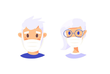 Set of elderly male and female characters. Cartoon masked people. Isolated retiree avatars. Flat illustration protected old men and women faces. Hand drawn vector drawing safe granny portraits