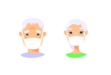 Set of elderly male and female characters. Cartoon masked people. Isolated retiree avatars. Flat illustration protected old men and women faces. Hand drawn vector drawing safe granny portraits