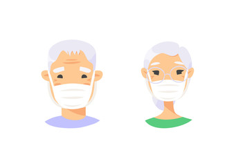 Fototapeta premium Set of elderly male and female characters. Cartoon masked people. Isolated retiree avatars. Flat illustration protected old men and women faces. Hand drawn vector drawing safe granny portraits