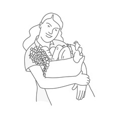 Young woman holding paper bag with organic fresh food. Line drawing vector illustration.