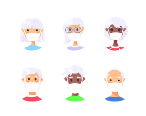 Set of elderly male and female characters. Cartoon masked people. Isolated retiree avatars. Flat illustration protected old men and women faces. Hand drawn vector drawing safe granny portraits