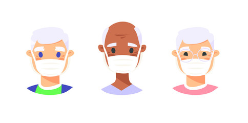 Set of elderly male and female characters. Cartoon masked people. Isolated retiree avatars. Flat illustration protected old men and women faces. Hand drawn vector drawing safe granny portraits