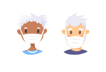Set of elderly male and female characters. Cartoon masked people. Isolated retiree avatars. Flat illustration protected old men and women faces. Hand drawn vector drawing safe granny portraits
