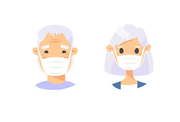 Set of elderly male and female characters. Cartoon masked people. Isolated retiree avatars. Flat illustration protected old men and women faces. Hand drawn vector drawing safe granny portraits
