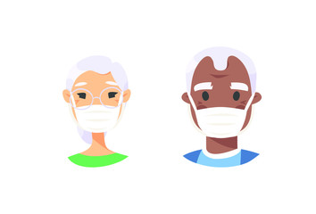 Set of elderly male and female characters. Cartoon masked people. Isolated retiree avatars. Flat illustration protected old men and women faces. Hand drawn vector drawing safe granny portraits