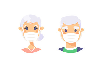 Set of elderly male and female characters. Cartoon masked people. Isolated retiree avatars. Flat illustration protected old men and women faces. Hand drawn vector drawing safe granny portraits