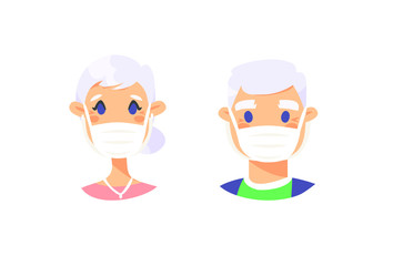 Set of elderly male and female characters. Cartoon masked people. Isolated retiree avatars. Flat illustration protected old men and women faces. Hand drawn vector drawing safe granny portraits