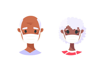 Set of elderly male and female characters. Cartoon masked people. Isolated retiree avatars. Flat illustration protected old men and women faces. Hand drawn vector drawing safe granny portraits