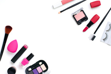 Set of professional decorative cosmetics, makeup tools and accessory of trendy pink color isolated...