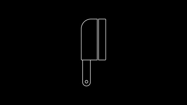 White line Meat chopper icon isolated on black background. Kitchen knife for meat. Butcher knife. 4K Video motion graphic animation