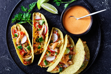 Buffalo Chicken Corn Taco shells, flat lay