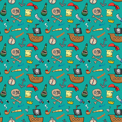 Pirate Doodles Seamless pattern. Cute pirate items sketch. Hand drawn Cartoon Vector illustration