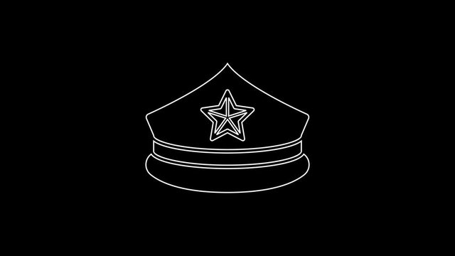 White line Police cap with cockade icon isolated on black background. Police hat sign. 4K Video motion graphic animation