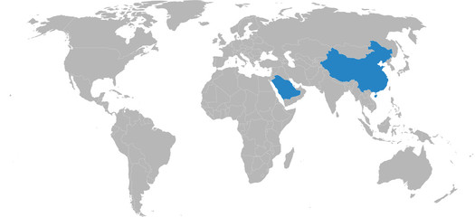 China, Saudi arabia countries isolated on world map. Light gray background. Business concepts, diplomatic, trade and transport relations.
