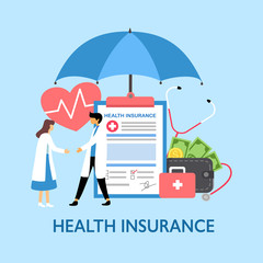 Health insurance concept vector illustration. Doctors standing with document, money wallet and medical case under big umbrella. Design for website, landing page, poster.