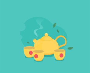 Teapot and cups. Vector illustration in flat style isolated on color background