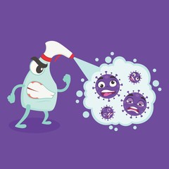 Sanitizer spray killed coronavirus. Virus being killed by spray, disinfectant solution. Spray to cleaning and disinfection virus, covid-19, coronavirus disease, preventive measures.