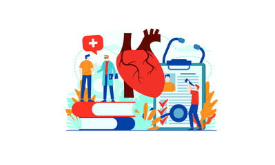 Obraz na płótnie Canvas Heart disease medical vector illustration concept doctor working at laboratory vector template background isolated can be use for presentation web banner UI UX landing page