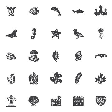 Marine life vector icons set, World ocean day modern solid symbol collection, filled style pictogram pack. Signs, logo illustration. Set includes icons as ocean animals, turtle, shark fish, dolphin