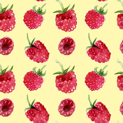 Watercolor pattern of raspberry. Hand drawn illustration isolated on yellow background. Juicy bright ornament.