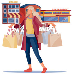 girl with blond hair and in a fashionable coat holds a large number of batch purchases in the hands of shops and cafes, isolated item on a white background, vector illustration,