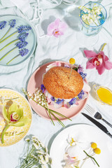 Burger of delicate flowers. Creative concept of healthy eating