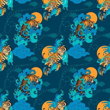 Tiger Chinese oriental element illustration with cloud and spread seamless pattern vector with blue background 