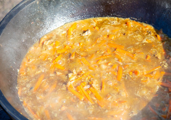 Soup with meat and carrots is cooked on a cast-iron cauldron.
