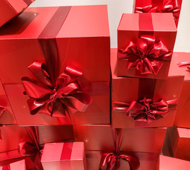 Gifts in red boxes on a shop window