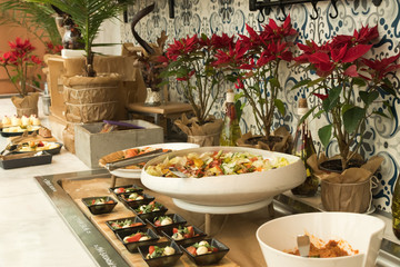 Live food stations. Kitchenware in the line catering summer brunch buffet food