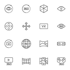 360 Degrees View line icons set, outline vector symbol collection, linear style pictogram pack. Signs, logo illustration. Set includes icons as virtual reality headset, gamepad control, panoramic view