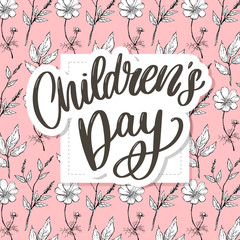 happy children's day, cute vector greeting card with funny letters in scandinavian style and cartoon landscape