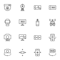 360 Degrees View line icons set, outline vector symbol collection, linear style pictogram pack. Signs, logo illustration. Set includes icons as smartphone virtual reality view, vr headset, panoramic