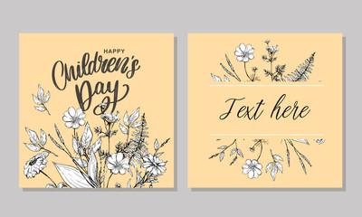 happy children's day, cute vector greeting card with funny letters in scandinavian style and cartoon landscape