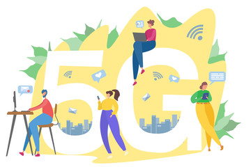 Flat vector illustration. Internet services of telecommunication systems. People work on the Internet, check mail, correspond. Wifi broadcast, mobile 5G signal.