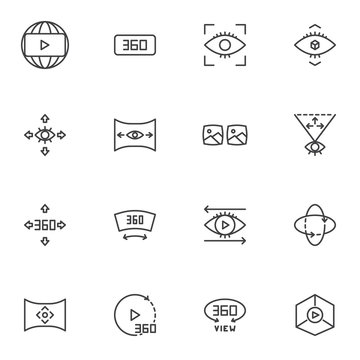 360 Degrees View Line icons set, outline vector symbol collection, linear style pictogram pack. Signs, logo illustration. Set includes icons as panoramic view, 3D dimension resolution, full rotation