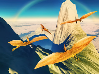 Flying pterodactyl against the volcanic crrater 3d illustration © satori