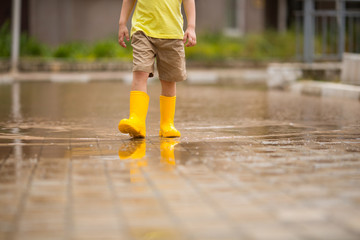 Legs in yellow boots and a puddle.