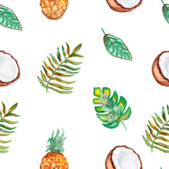 Seamless watercolor pattern of tropical leaves, flowers, fruits and birds. Hand painted pattern. Tropical summertime texture can be used as background, wrapping paper, textile or wallpaper.