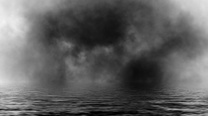 Mystic smoke on the floor. Fog isolated on black background.Reflection on water.