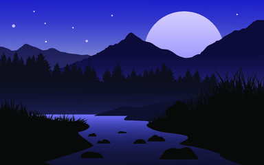 Fototapeta na wymiar night landscape with mountains and moon