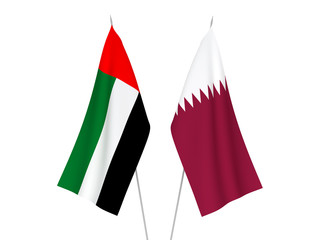 National fabric flags of United Arab Emirates and Qatar isolated on white background. 3d rendering illustration.